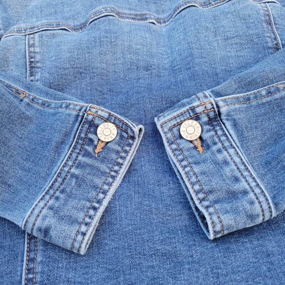 Celebrity Pink Distressed Denim Jacket Button Up Rollable Sleeve Womans Small - Picture 13 of 13